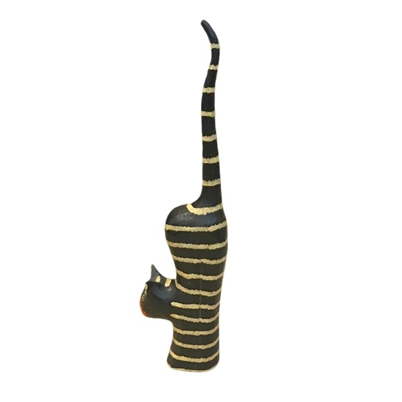 Carved Wood Hand Painted Long Tail Striped Cat Figurine Ring Holder‎ - Picture 2 of 7